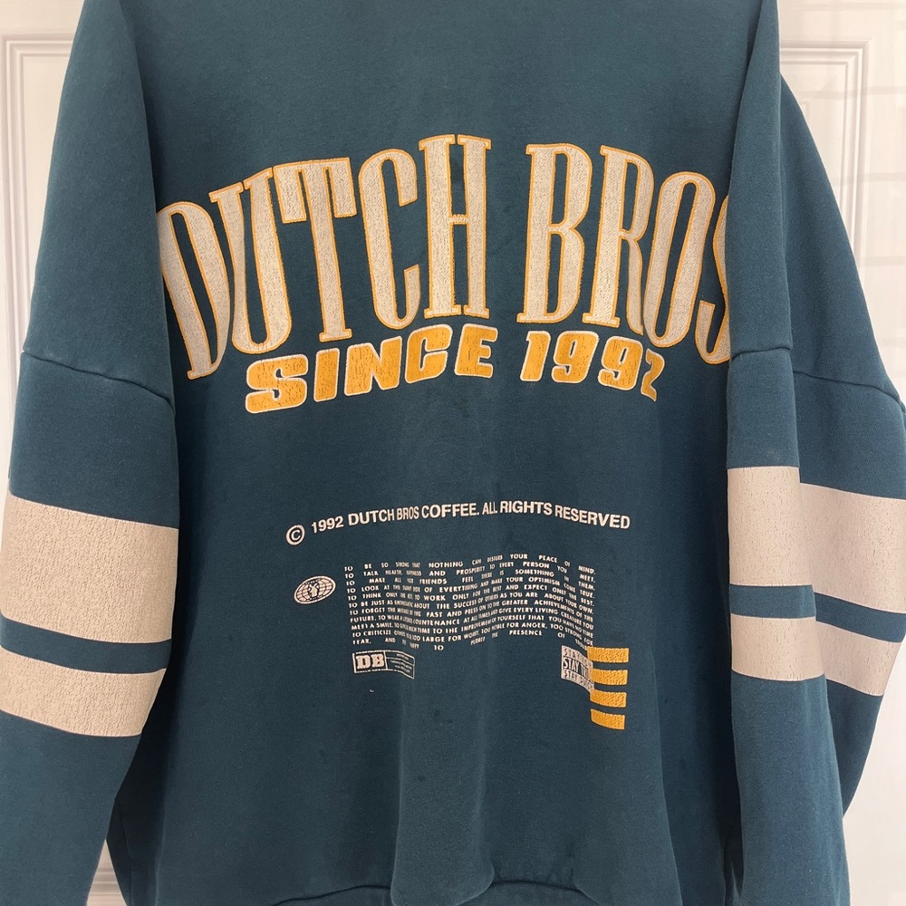 Dutch Bros Teal Crewneck with Cream and Yellow Accents